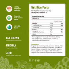 RYZE Matcha - with 6 Organic Adaptogenic Mushrooms Grown In USA and Ceremonial-Grade Japanese Matcha - Simple Edit