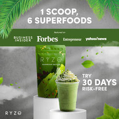 RYZE Matcha - with 6 Organic Adaptogenic Mushrooms Grown In USA and Ceremonial-Grade Japanese Matcha - Simple Edit
